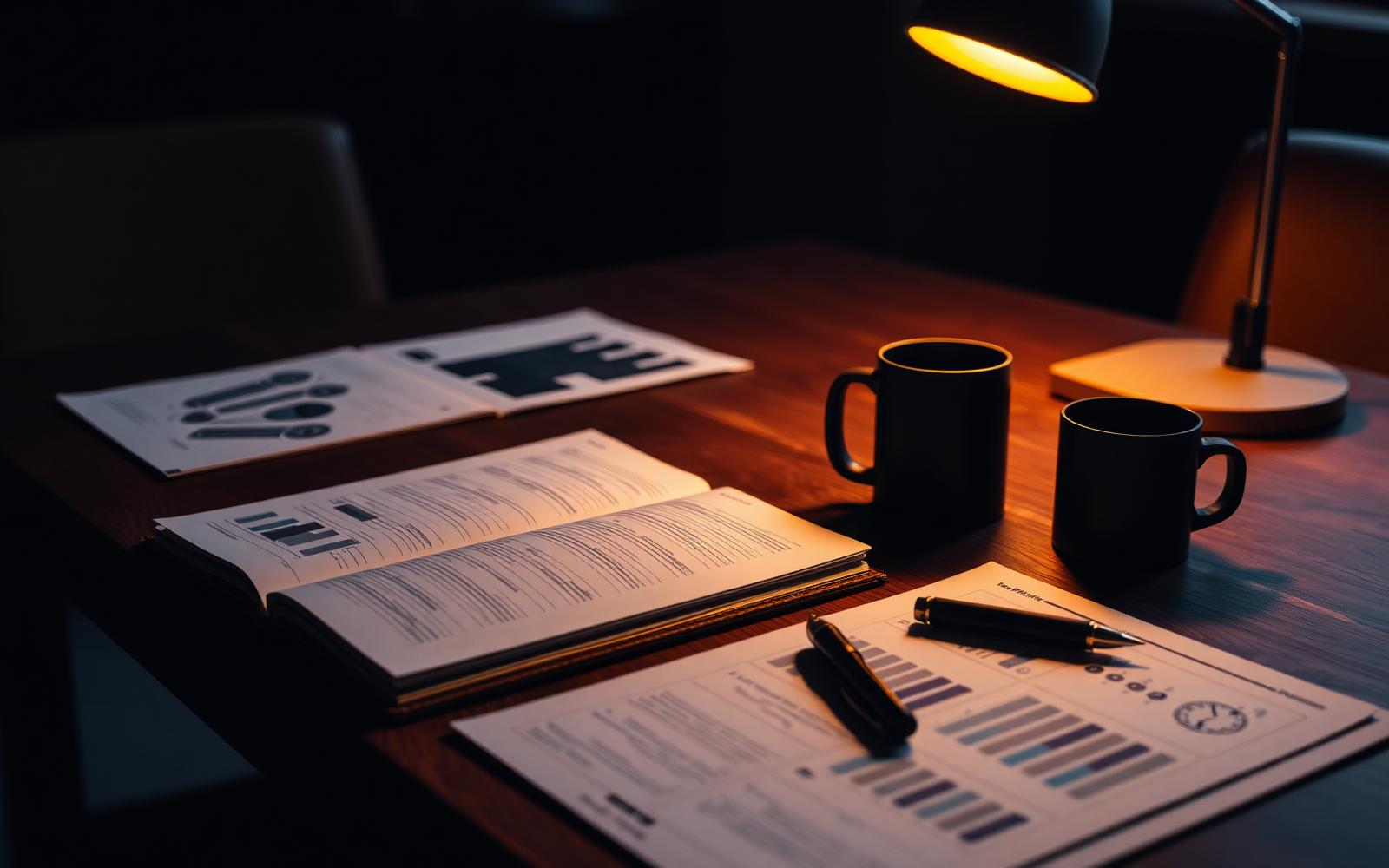 An executive planning desk at dawn under a warm amber lamp — an open leather notebook, a printed strategy document with charts, a fountain pen, and two matte black coffee mugs on dark walnut, in a quiet office before the planning session begins.