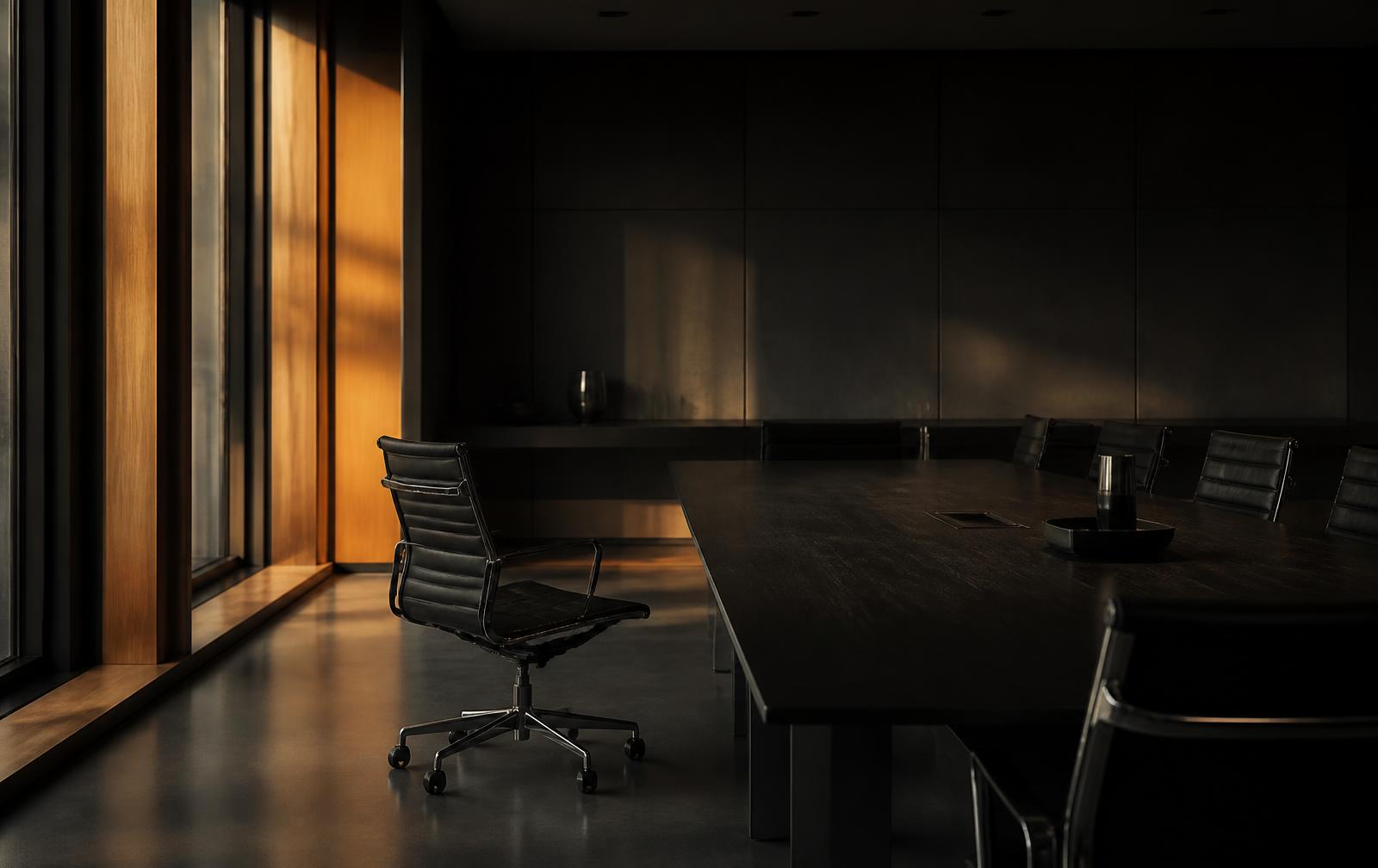An empty dark boardroom with one chair pulled away from the table, raked by warm amber window light