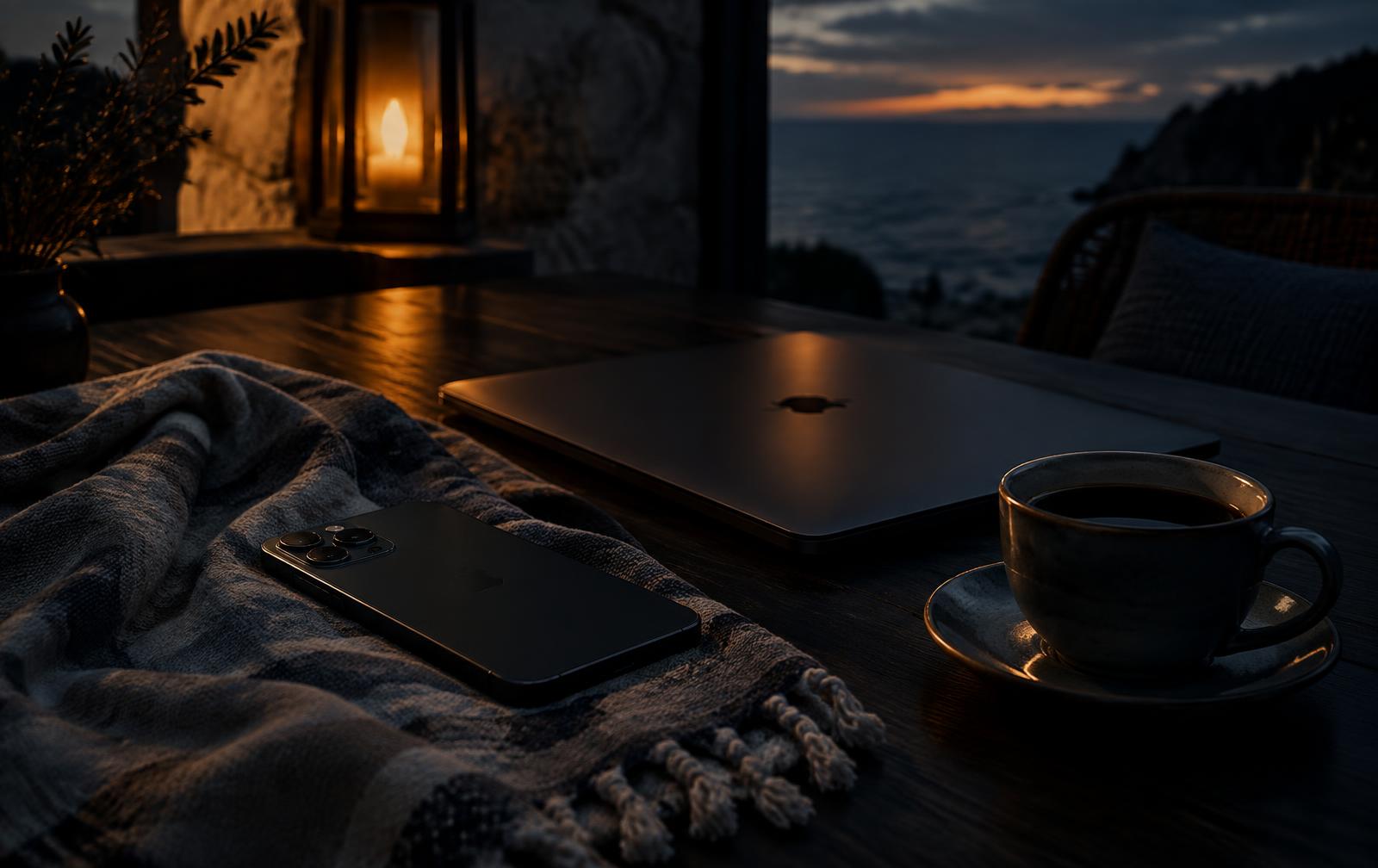A smartphone face-down beside a closed laptop and an untouched coffee cup on a linen towel, lit by a single warm amber lantern glow against deep charcoal shadows, dusk, cinematic editorial photography.