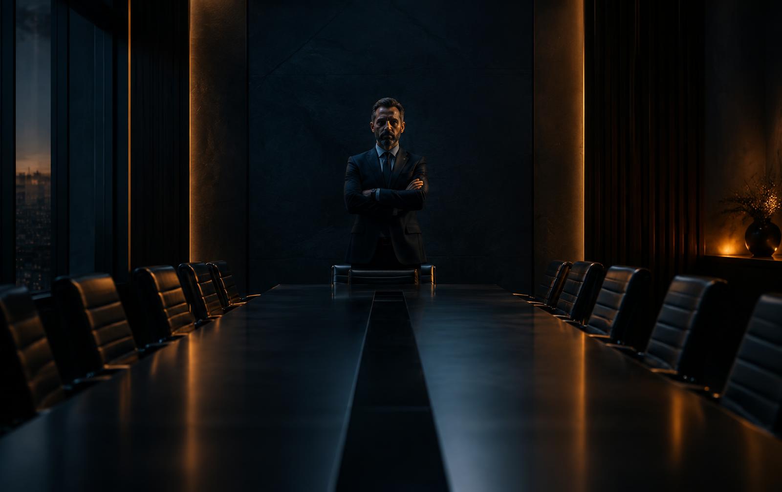 A solitary executive standing with arms crossed at the head of a long, empty boardroom table, lit by warm amber light against deep charcoal walls.