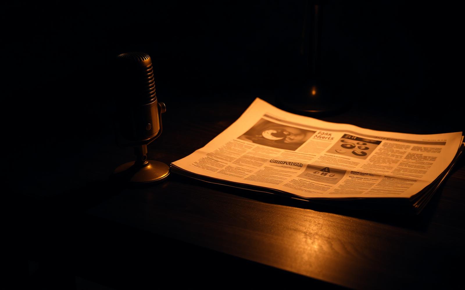 A brass desk microphone beside a folded newspaper on a dark walnut desk under warm amber light