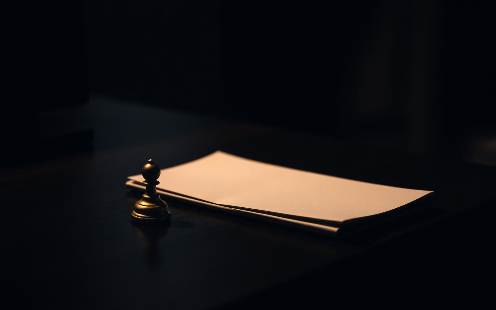 A single brass chess piece beside a folded sheet of paper on a dark walnut desk, lit by warm amber light