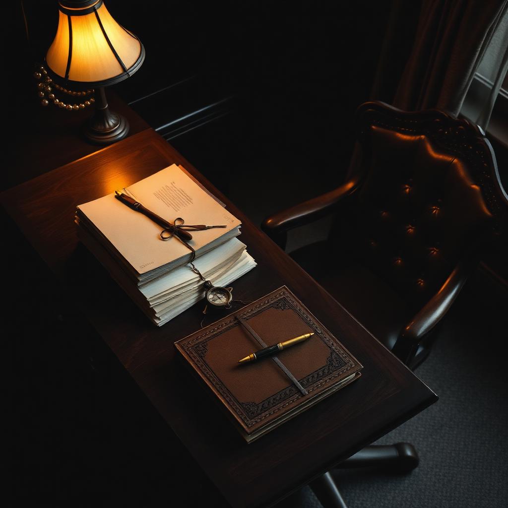 A dark walnut executive desk lit by warm amber lamp light, a stack of neatly tied file folders, an antique brass compass, a fountain pen resting on a leather ledger, and an empty leather chair pushed back — the setting of an executive who has stepped away and trusted the work to others