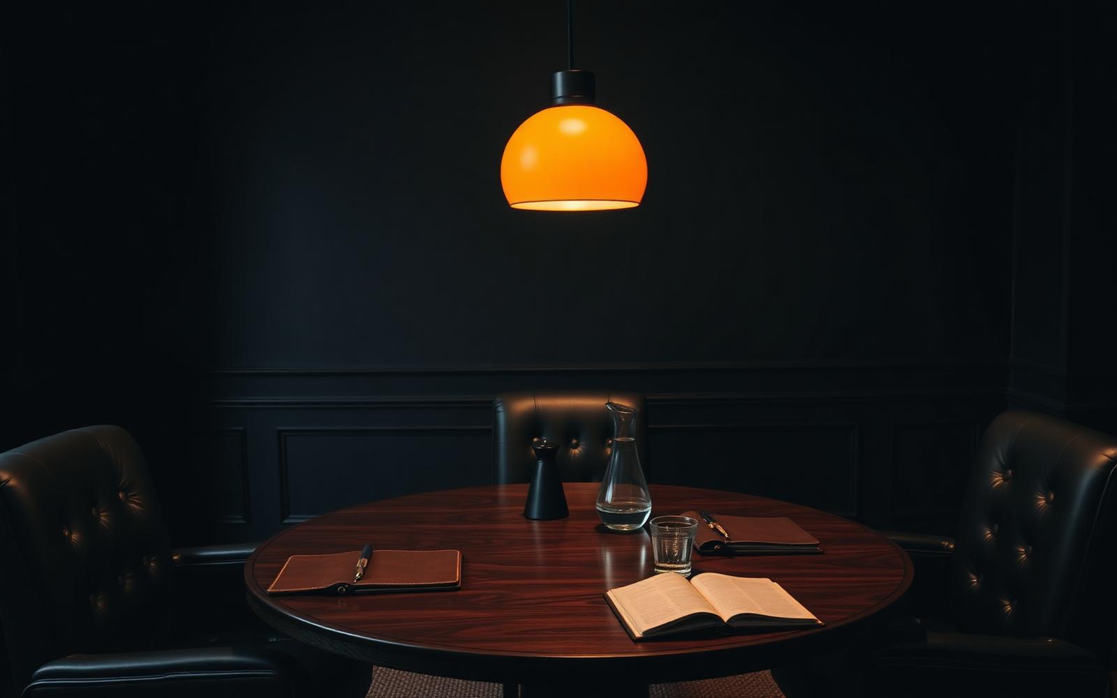A dark walnut round conference table under a single amber pendant light, four empty leather chairs, an open leather notebook and a glass carafe of water — a quiet executive room set for a difficult conversation.