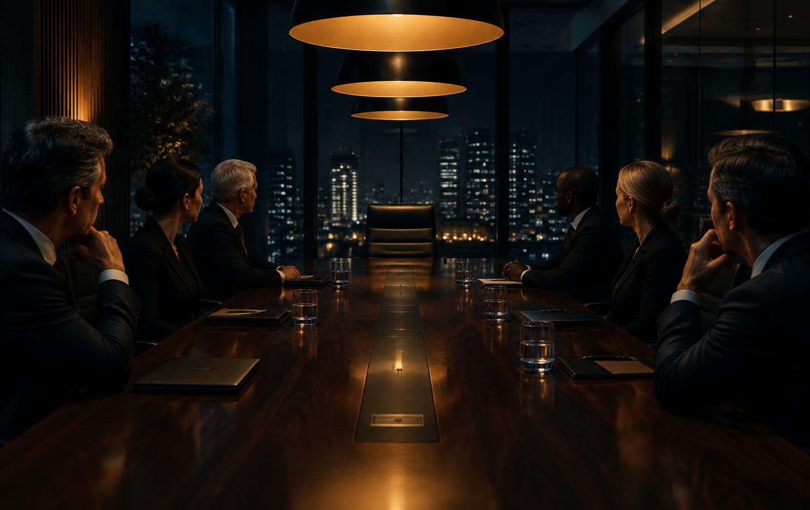 Executives seated around a dark walnut boardroom table at night, all looking silently toward the empty chair at the head of the table, warm amber pendant light against deep charcoal and navy tones