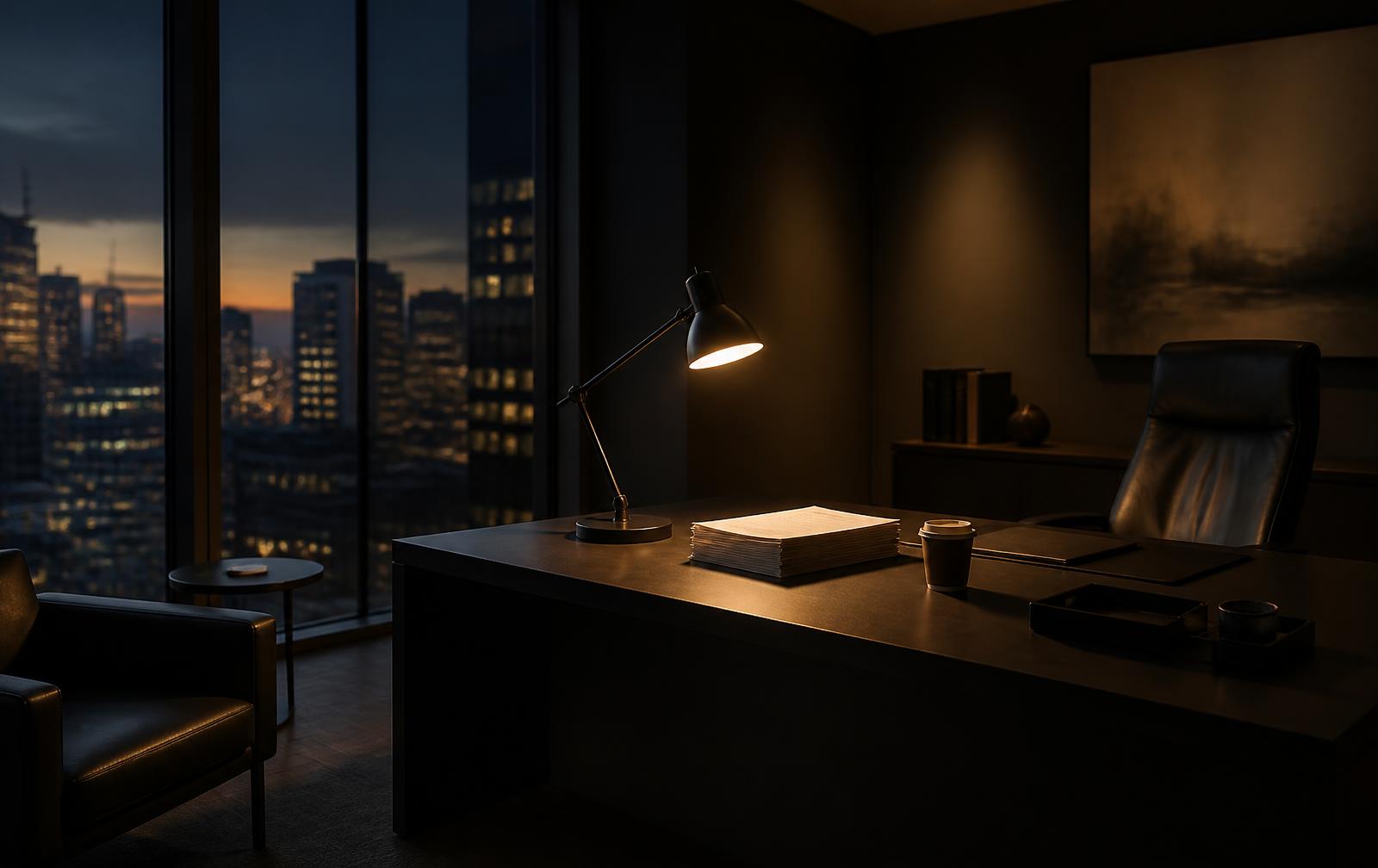 An empty executive corner office at dusk, a single desk lamp lighting an untouched stack of papers and a cold cup of coffee, city lights blurred through floor-to-ceiling windows.