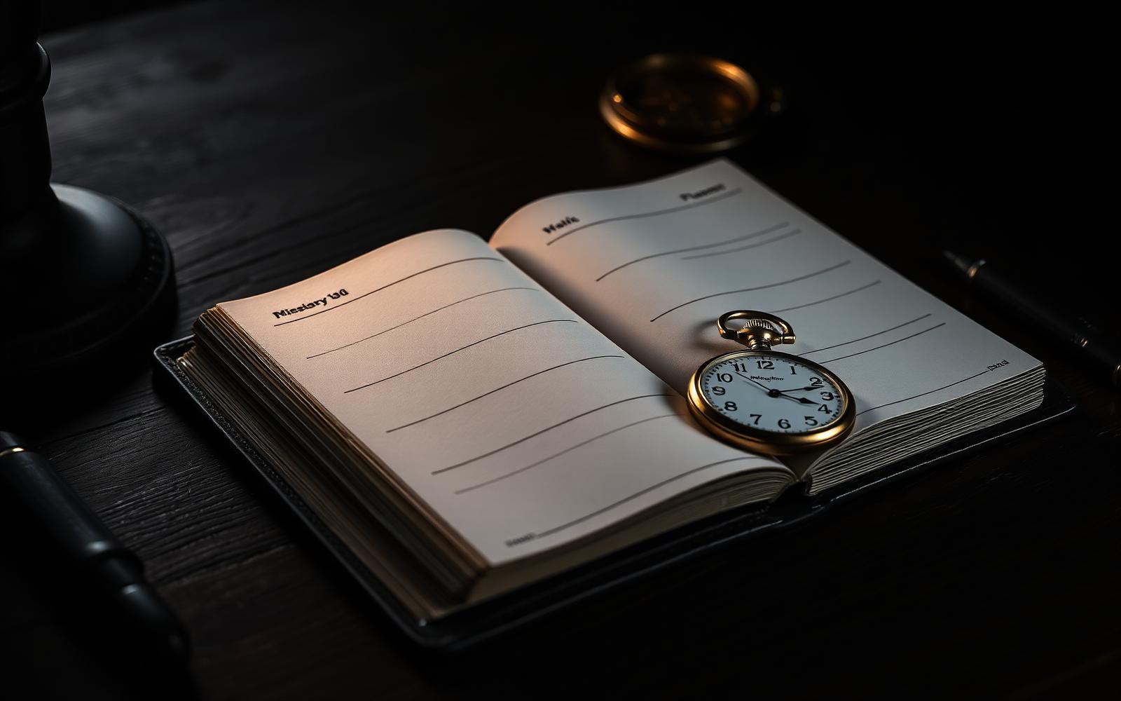 An open leather planner with a fountain pen and brass pocket watch on a dark walnut desk under warm amber light