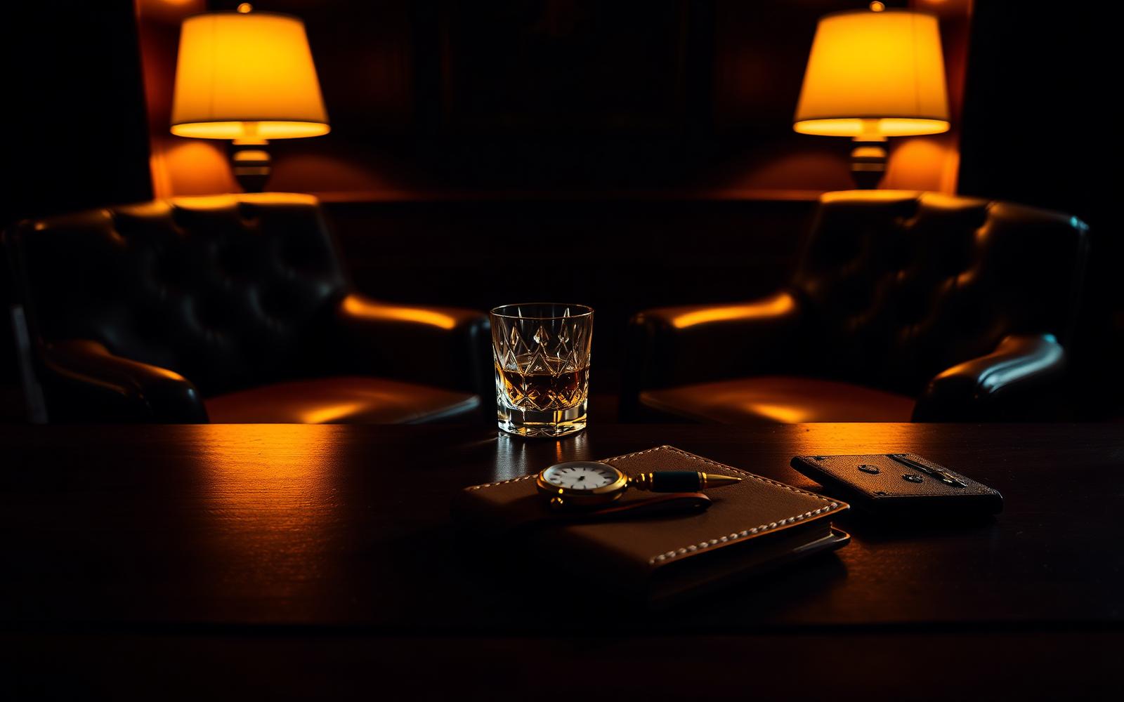 Two empty leather armchairs facing each other across a dark walnut desk lit by warm amber lamplight, with a whiskey tumbler, pocket watch, and leather notebook — the setting of a serious executive conversation