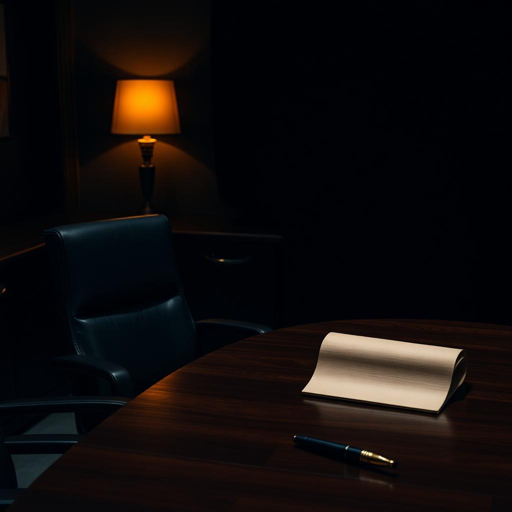 A dimly lit executive office at night with a single amber lamp glowing over an empty leather chair and a walnut conference table set with a closed manila folio and fountain pen — the quiet setting of a CEO preparing to interview a senior executive candidate