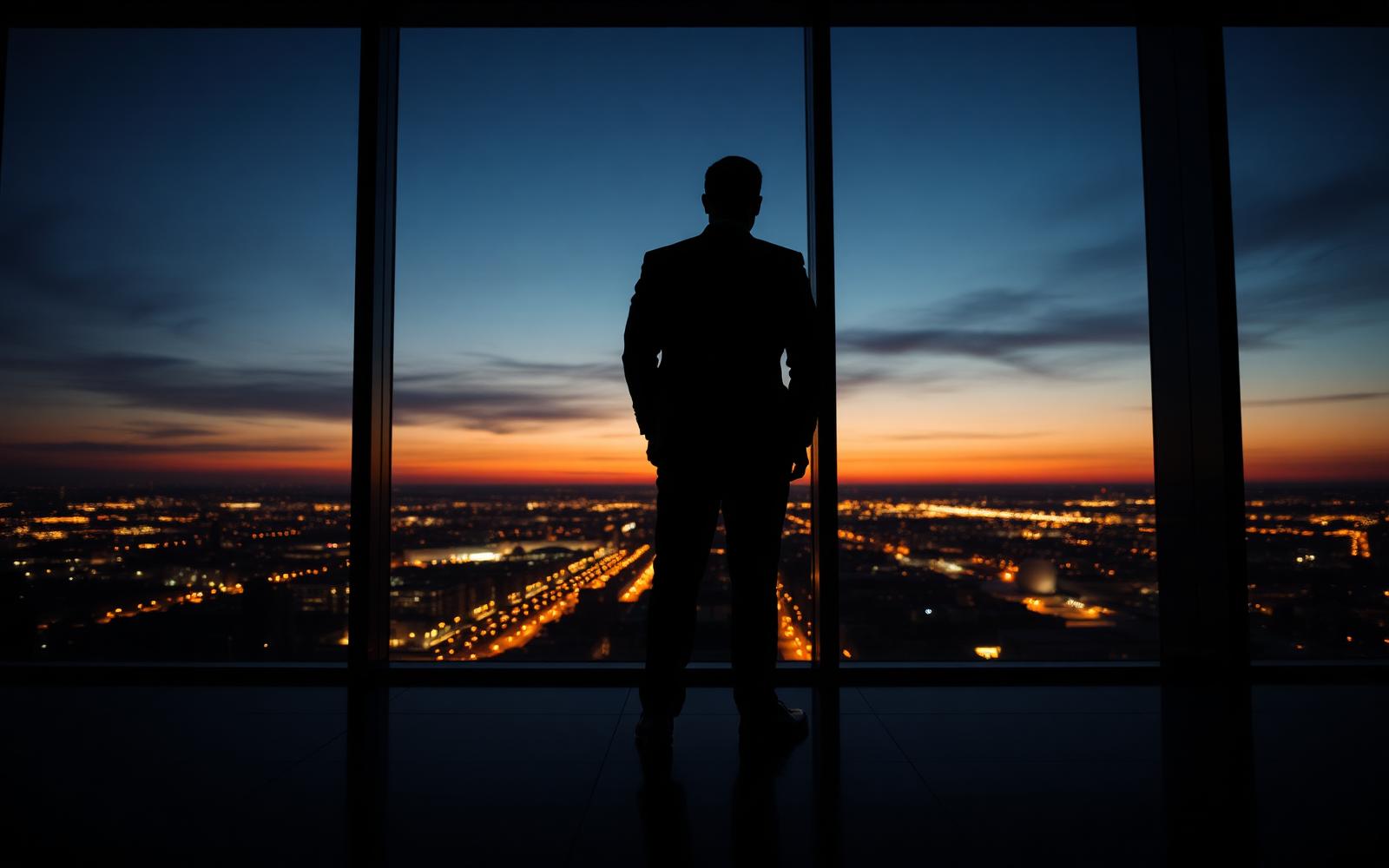 A lone executive standing at a floor-to-ceiling office window at dusk, city lights below, in warm amber and deep charcoal tones.