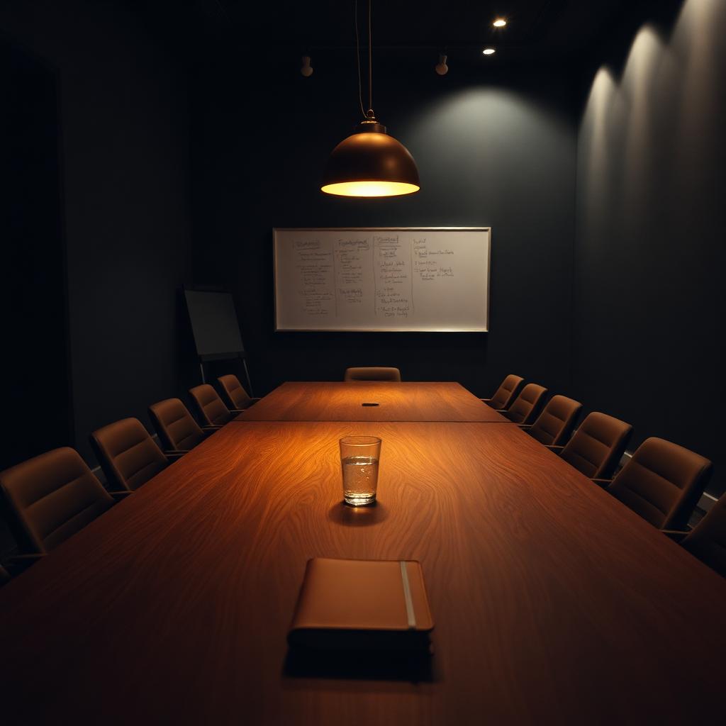 A dimly lit executive boardroom at dusk with a long walnut table, single amber pendant lamp, a leather notebook and glass of water, and a whiteboard with faded strategy notes on the far wall — the quiet setting of a leadership team offsite before the room fills.