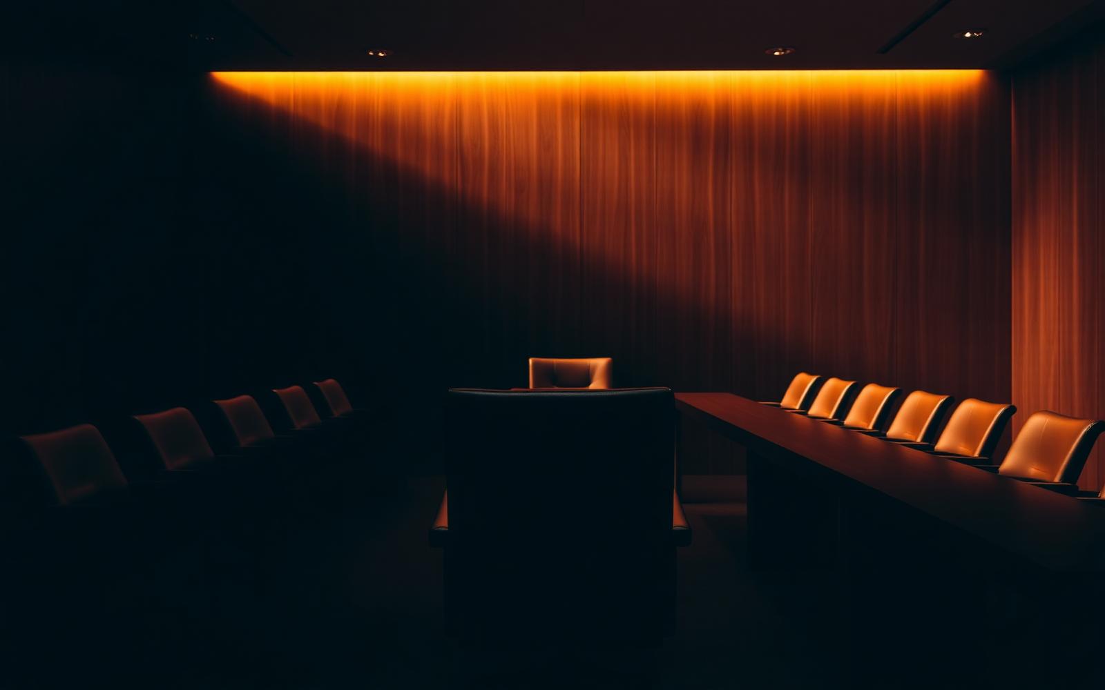 An empty leather chair at the head of a long boardroom table, warm amber light against deep charcoal walls