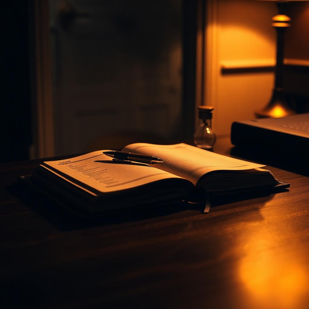 An open leather planner and fountain pen on a dark walnut desk lit by warm amber lamp light, an hourglass beside it