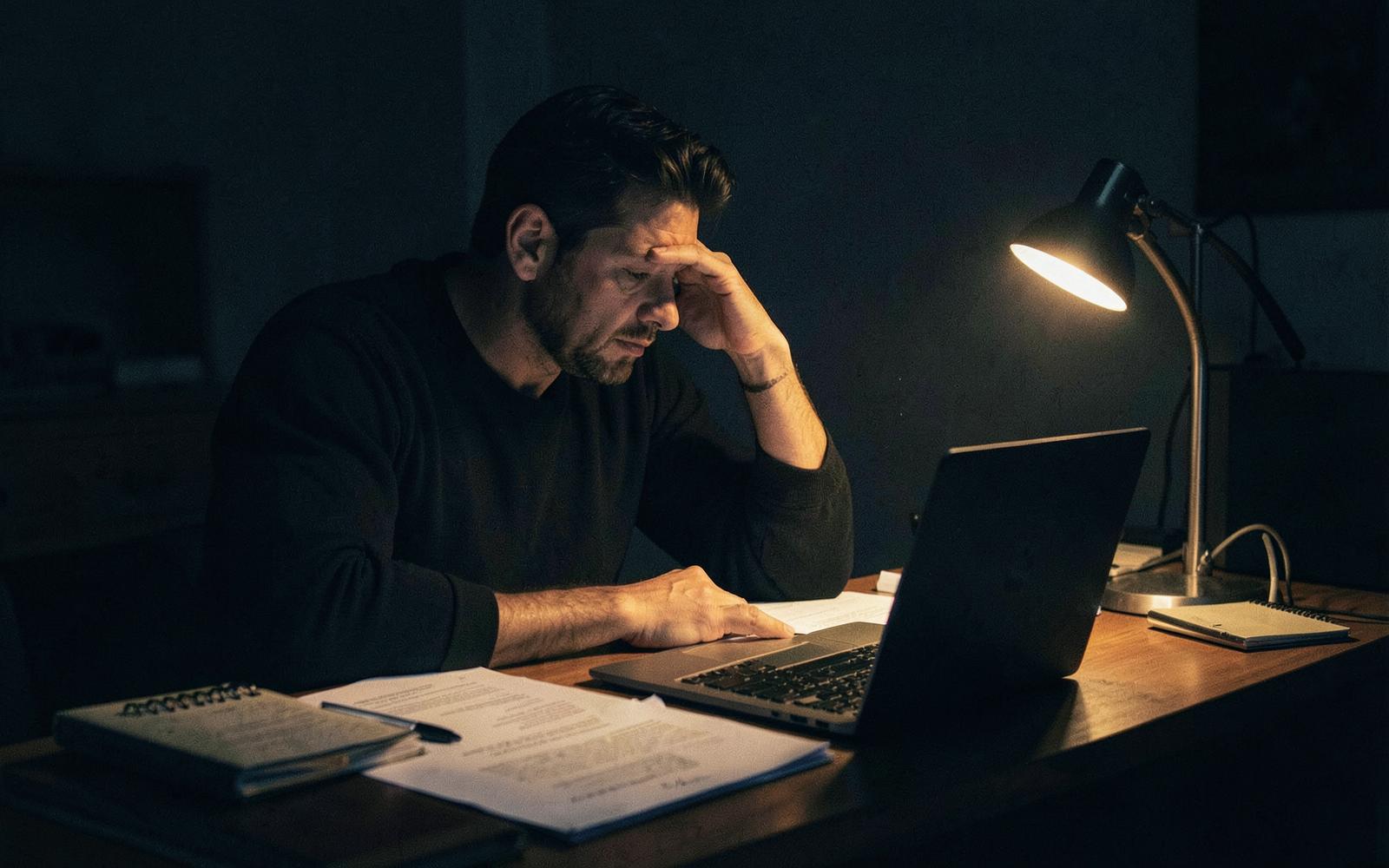 A founder working alone late at night under a single desk lamp, papers and laptop spread across the desk — the founder bottleneck.