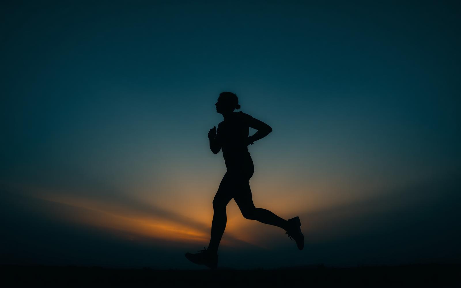 A runner silhouetted against a deep navy and amber sunrise