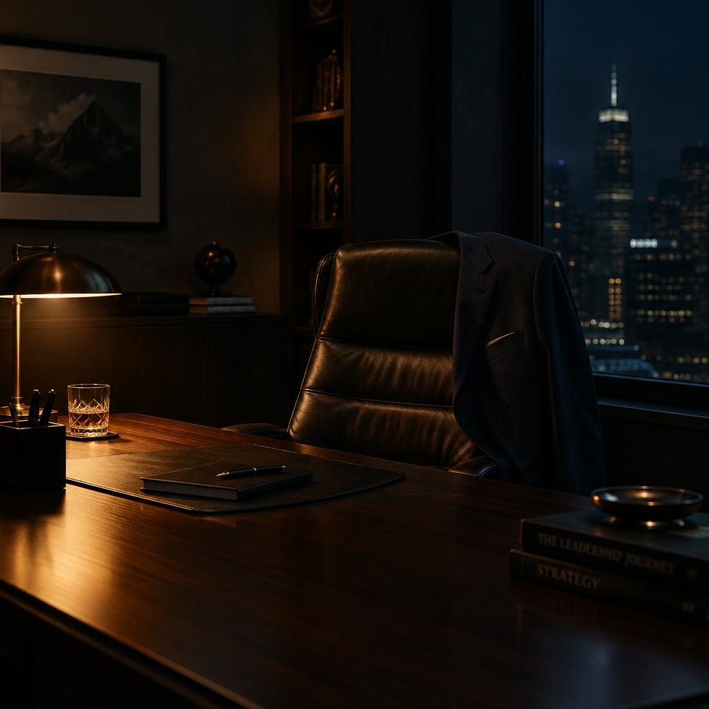 An empty leather executive chair with a tailored suit jacket draped over its back, behind a dark walnut desk lit by a warm amber lamp in a dim corner office at night, deep charcoal and navy shadows, cinematic dark editorial photography.