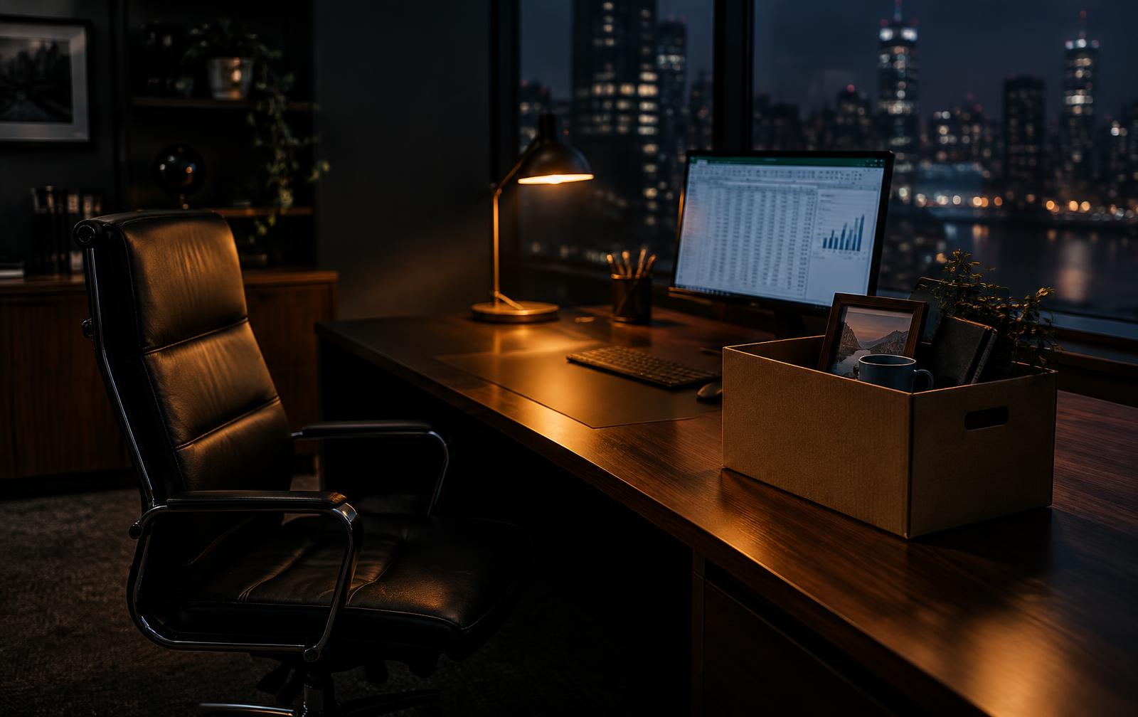 An empty executive chair beside a cleared desk at night, a cardboard box of personal belongings beside a lit monitor, warm amber lamp glow against deep charcoal and navy tones