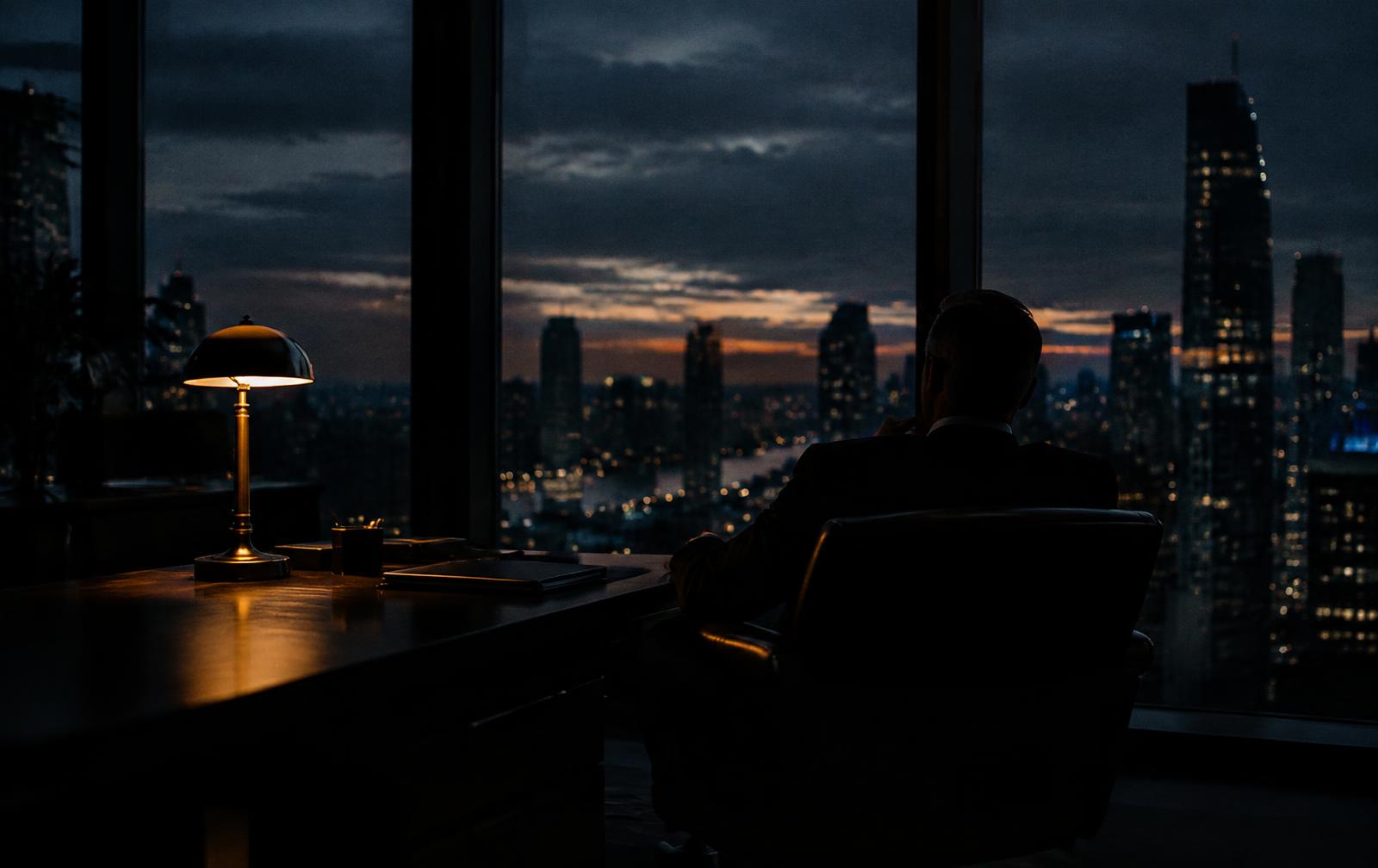 A lone executive seen from behind in a dark corner office at dusk, silhouetted against floor-to-ceiling windows overlooking a dim city skyline, lit by a single warm amber desk lamp, deep charcoal and navy tones, cinematic editorial photography.