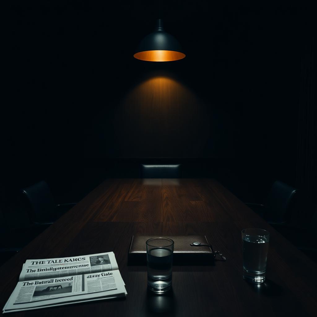 An empty executive boardroom at dusk lit by a single amber pendant light, with a folded newspaper, closed leather folio, and half-empty water glass on a dark walnut table — the somber setting of a leadership team preparing to run a reduction in force