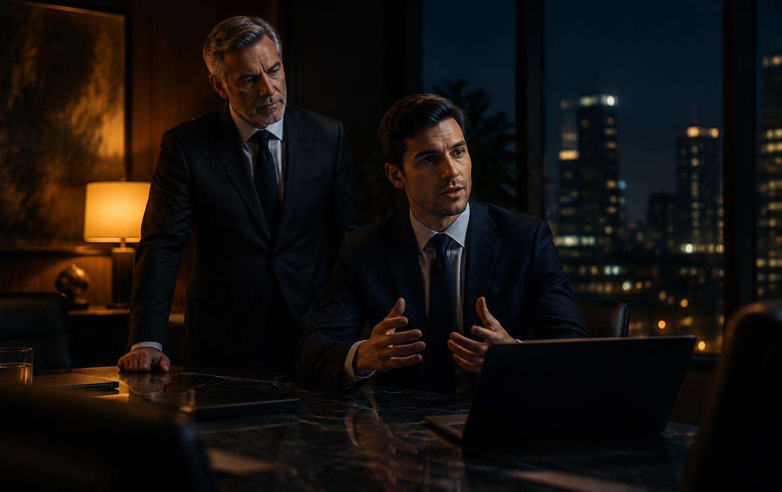 A senior executive standing beside a younger leader who is presenting at a dark conference table, hands gesturing as he speaks, in a moody corner office at night, warm amber lamplight, deep charcoal and navy tones, cinematic dark editorial photography.