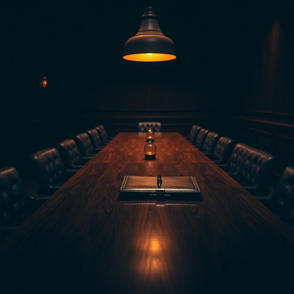 A long polished walnut boardroom table at dusk, empty leather chairs on either side, a single leather portfolio and fountain pen set at the head of the table under a warm amber pendant light — the quiet room before a board meeting begins.