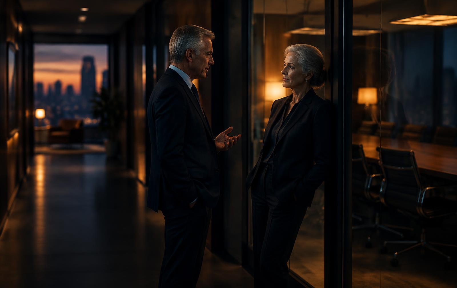 Two executives in a quiet side conversation in a dim office hallway outside a glass conference room at dusk, warm amber light against deep charcoal tones