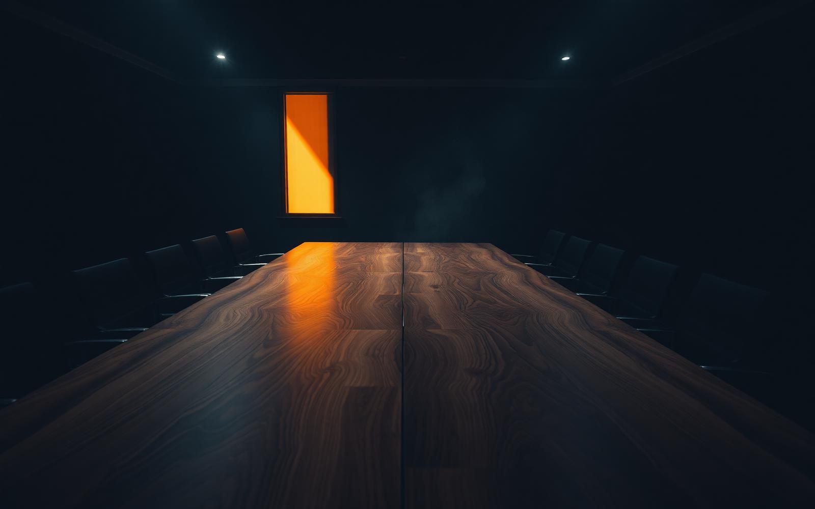 Two conference tables of different woods pushed together into one seam in a dark boardroom lit by warm amber window light