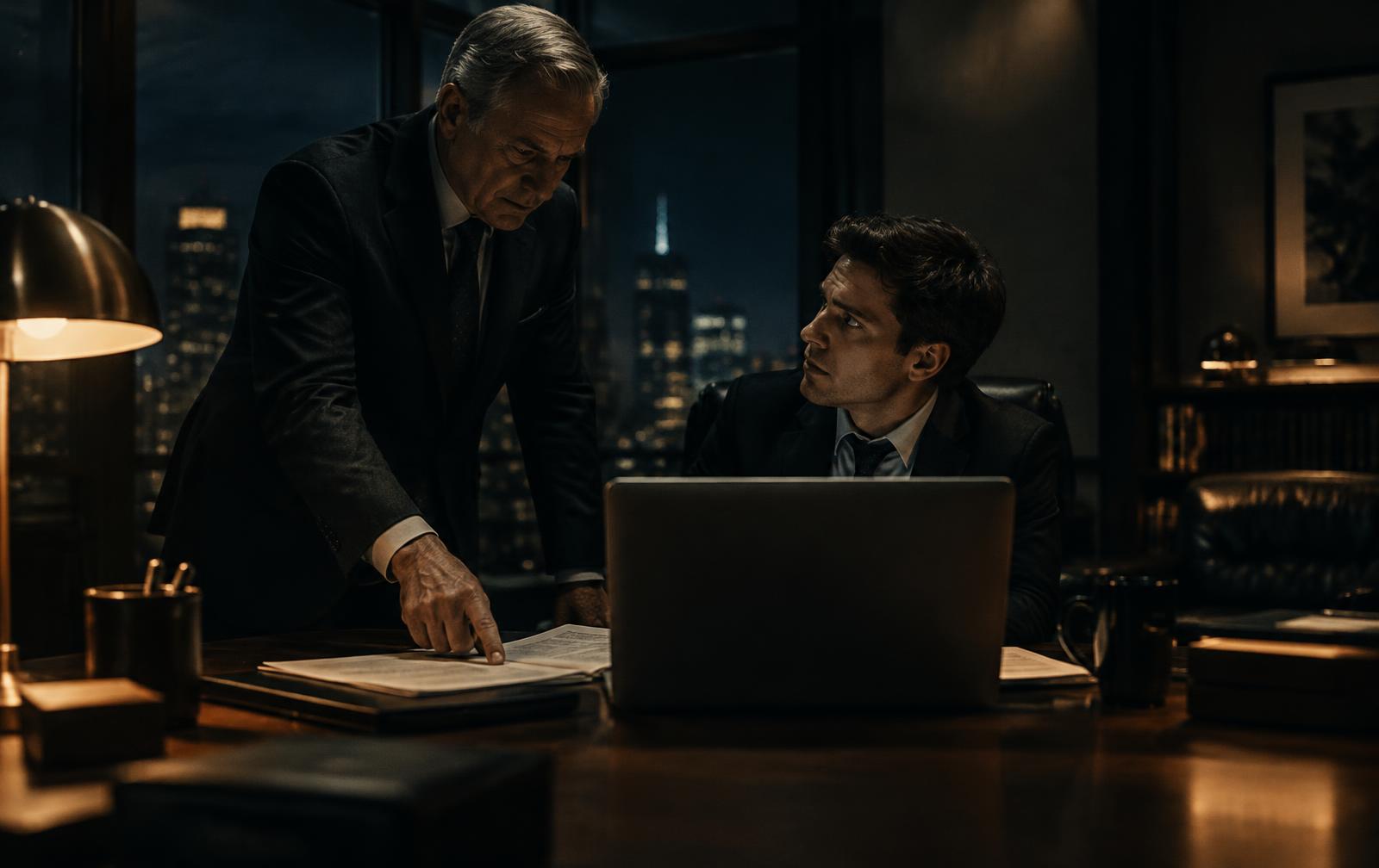 A senior executive standing over a younger manager's desk at night, pointing at a printed document while the seated manager looks up tense, an open laptop between them, moody corner office, warm amber desk lamp glow, deep charcoal and navy tones, cinematic dark editorial photography.