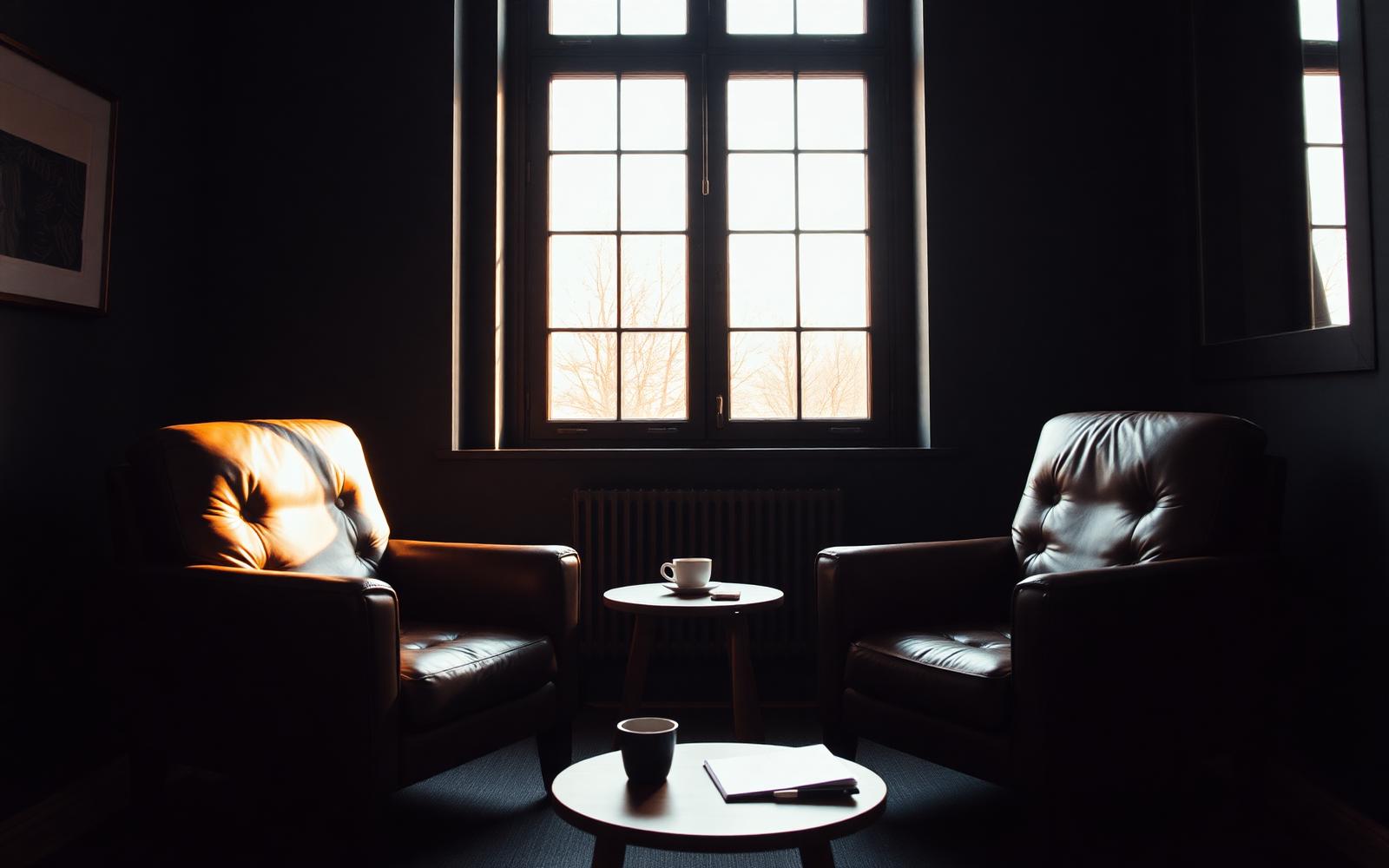 Two leather armchairs facing each other beside a tall window in a dark charcoal office, warm morning light, a notebook and coffee on a small walnut table — a room set for a private executive conversation.