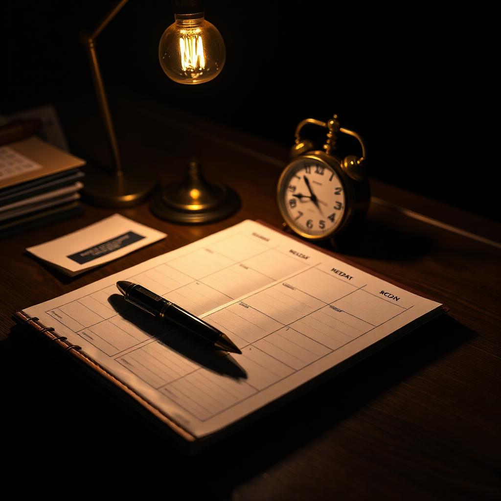 An executive weekly planner open on a dark walnut desk at dawn, a fountain pen resting across the page, a small brass clock and a single amber pendant lamp — the quiet setting of a CEO's weekly planning ritual.