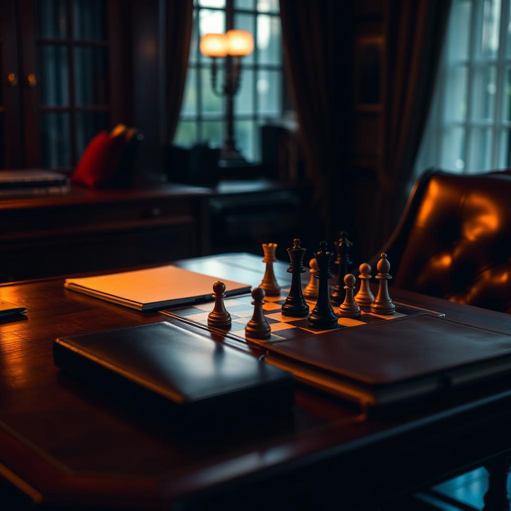 A dark walnut executive desk lit by warm amber light with chess pieces mid-game beside a leather notebook