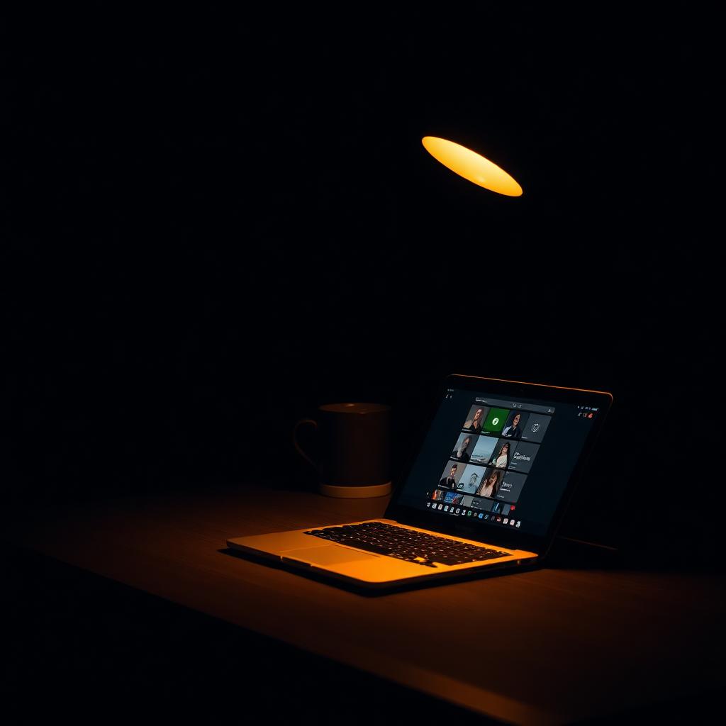 A single warm desk lamp lighting a laptop at night with a video call on screen, in a dark charcoal room
