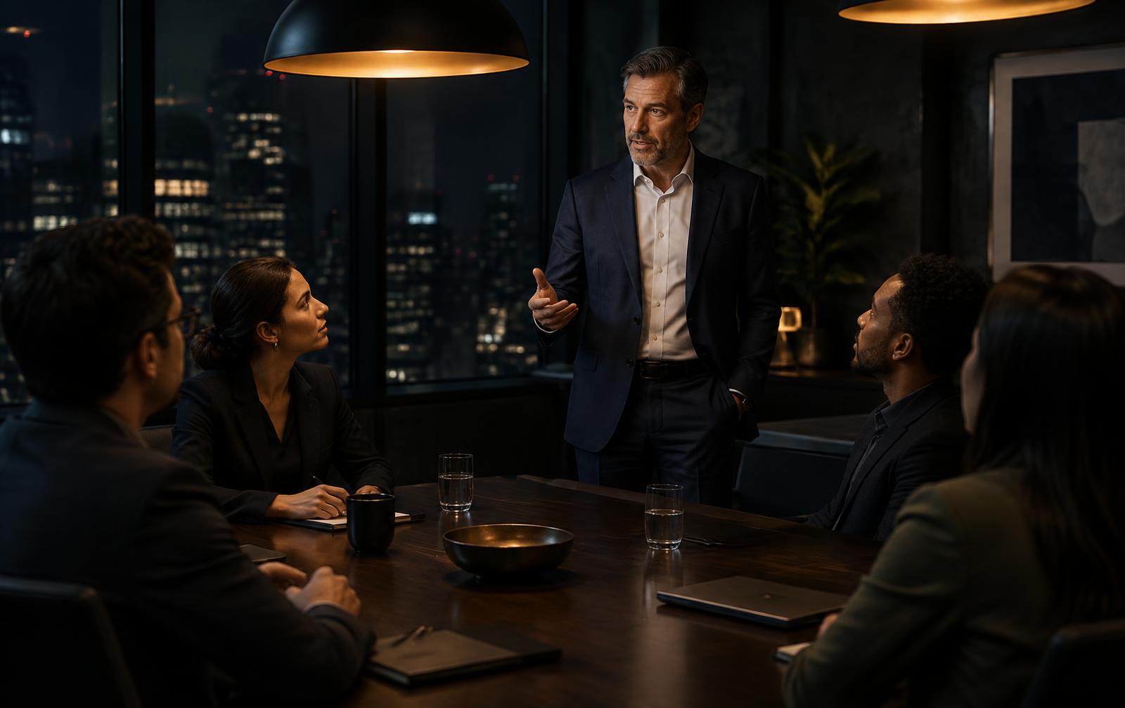 A senior executive standing and speaking to a small team seated at a dark walnut conference table at night, warm amber pendant lamp glow against deep charcoal and navy tones