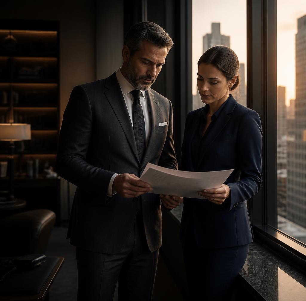 A CEO and chief operating officer reviewing documents together at a window overlooking a city in warm evening light