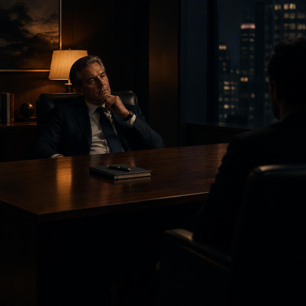 A senior executive leaning back in a dark leather chair, listening intently across a dark walnut desk in a dim corner office at night, the visitor's chair occupied but in shadow, a closed notebook and pen on the desk, warm amber lamplight, deep charcoal and navy tones, cinematic dark editorial photography.
