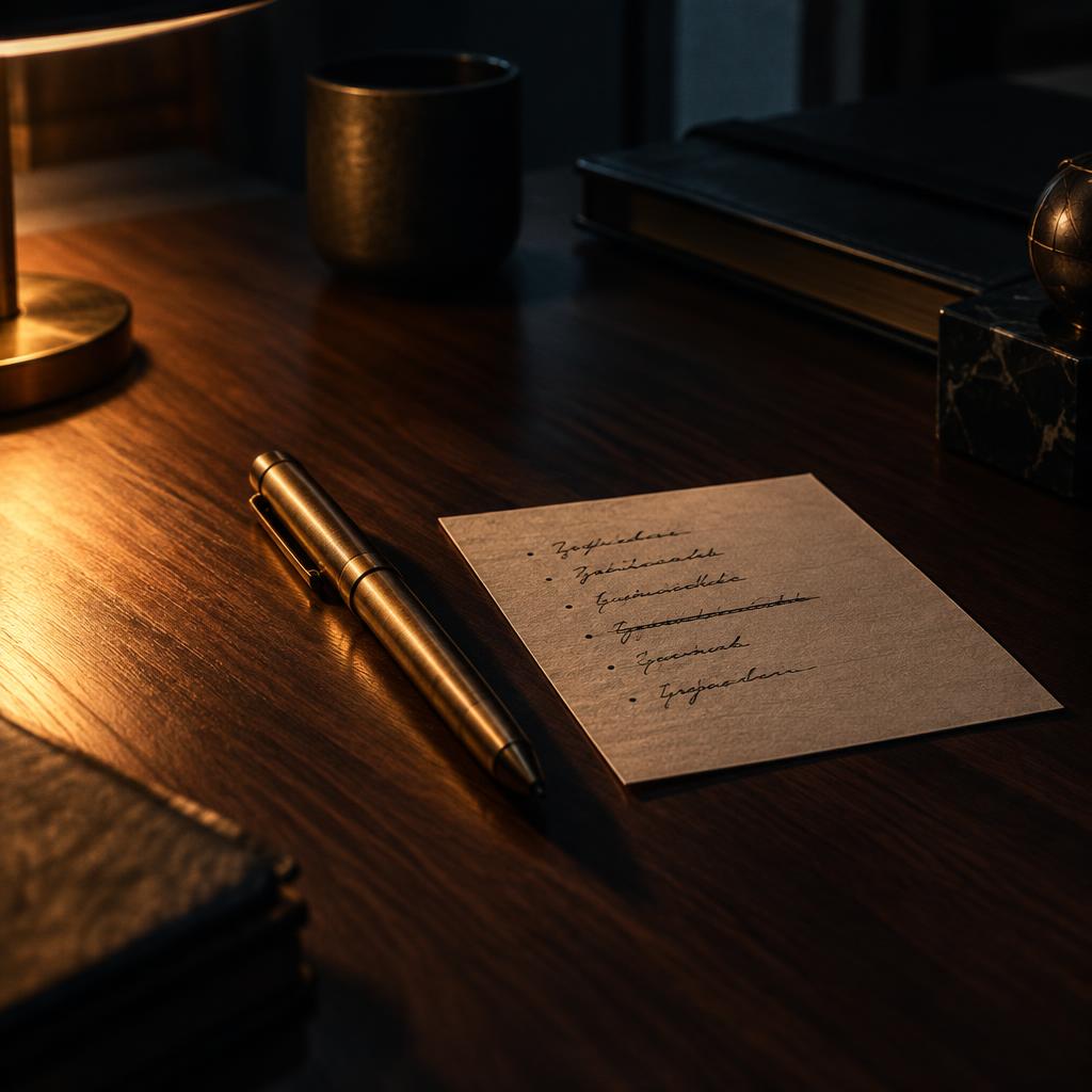 A brass pen resting on a dark walnut desk beside a short handwritten list with one line struck through, lit by warm amber lamplight against deep charcoal shadows, cinematic dark editorial photography.