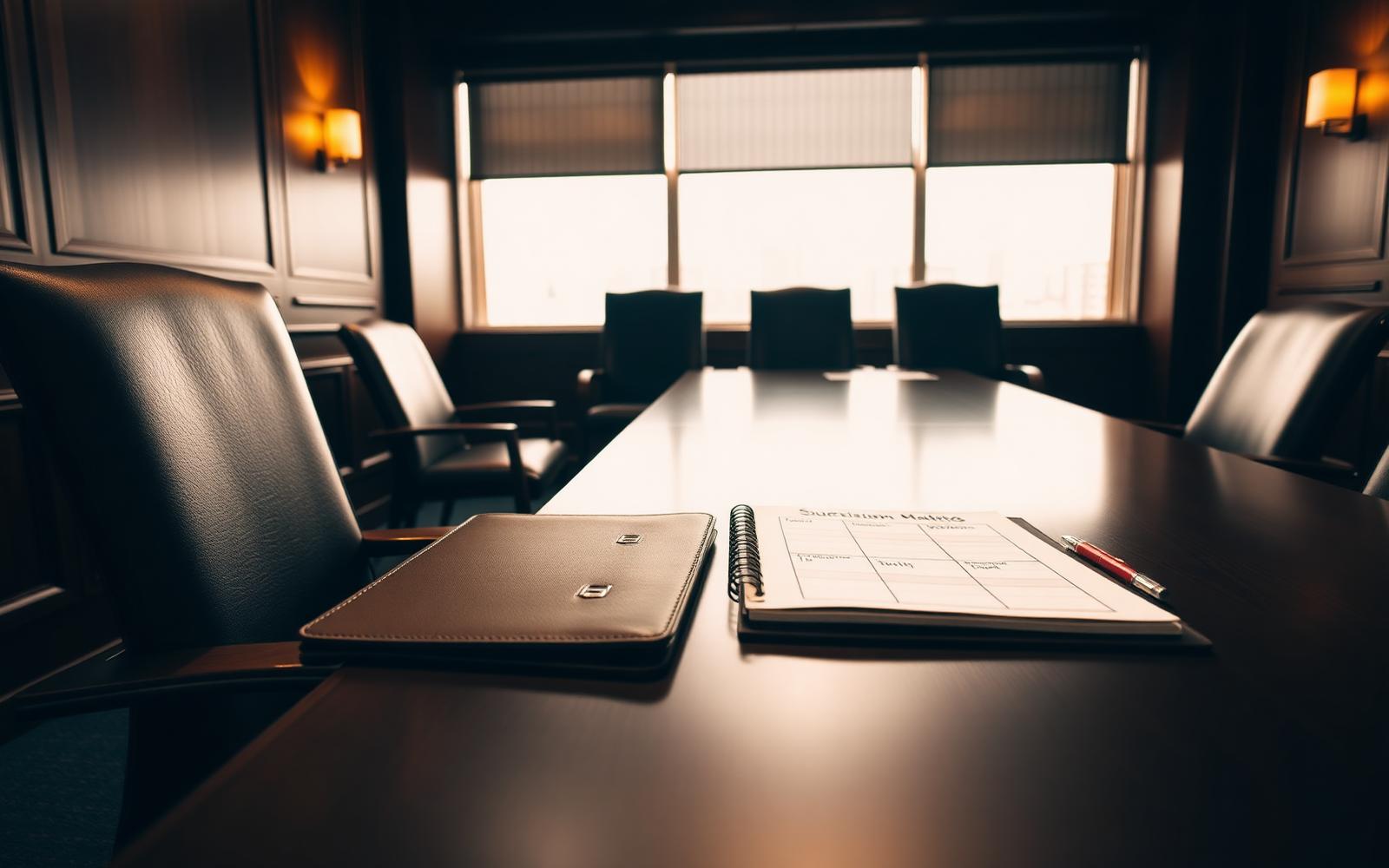 An executive boardroom prepared for succession planning, with an empty leadership chair, leather portfolio, and planning notebook in warm morning light.