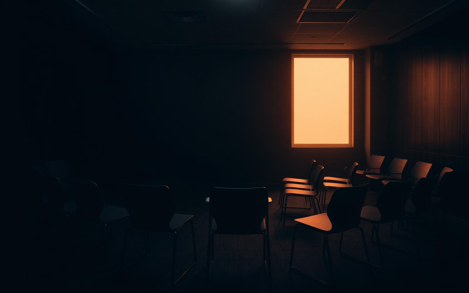 An empty dark meeting room with chairs pulled into a loose circle, lit by a single warm amber window