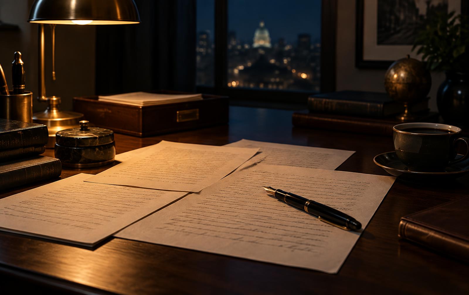 Handwritten pages of a decision memo spread across a dark walnut desk with a fountain pen resting on them, lit by warm amber lamplight against deep charcoal and navy shadows, cinematic dark editorial photography.