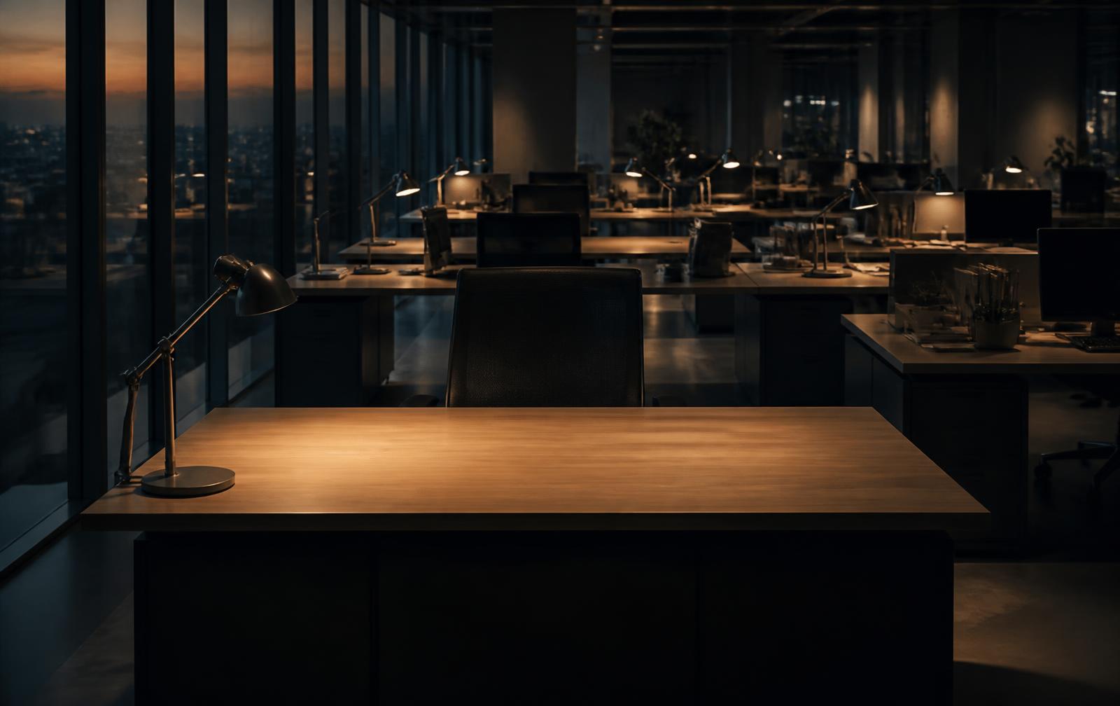 A cleared, empty desk in the foreground of a dark executive office floor at dusk, with warm lamps glowing over the remaining cluttered desks behind it.