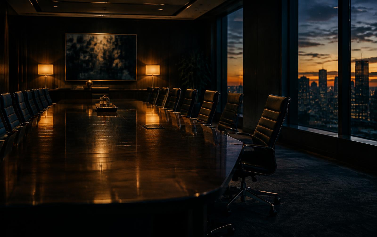 An empty executive boardroom at dusk, one chair pulled out of alignment at a long polished table, warm amber lamplight against deep charcoal walls and a city skyline.