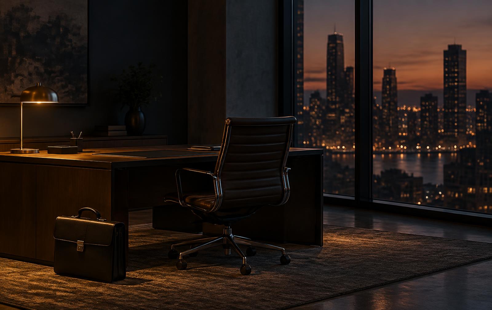 A briefcase beside an executive chair pushed in at a bare desk in a dim corner office at dusk, warm amber window light against deep charcoal walls, city lights blurred outside.