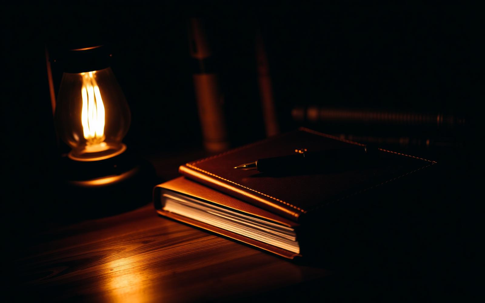 A leather-bound journal and fountain pen lit by a warm amber lamp on a dark walnut desk