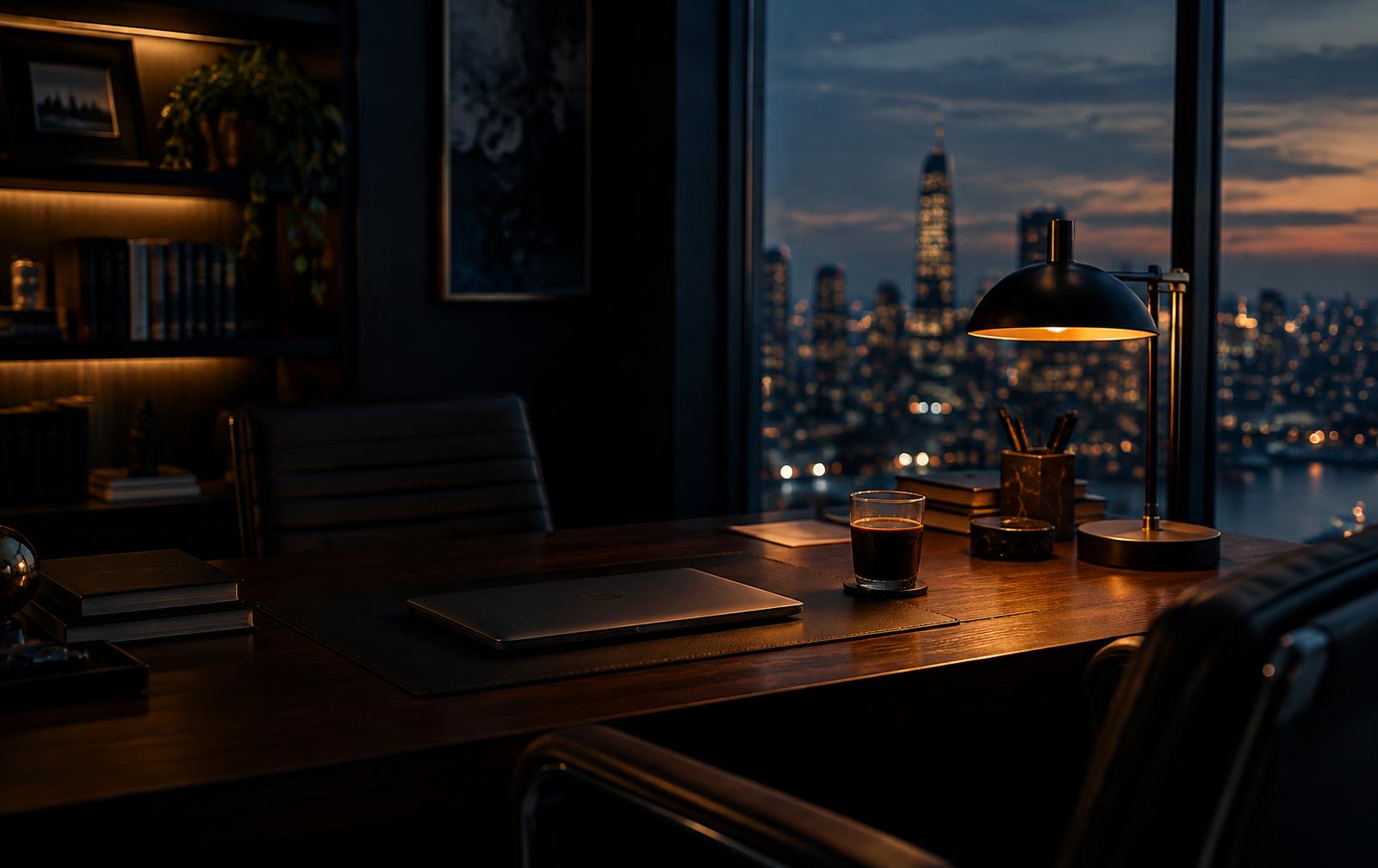A dark executive office at dusk, warm desk lamp glowing over a closed laptop and a cold coffee, city lights through the window